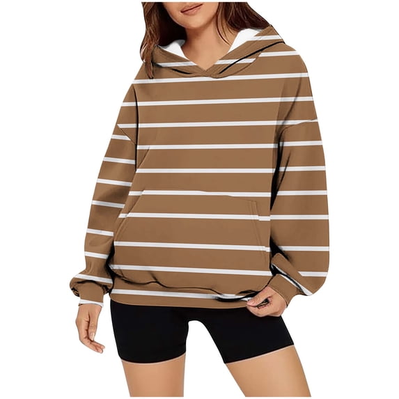 Ounisa Womens Pullover Fashionable Casual Stripe Sweatshirt Drawstring The Season Hoodie Long Sleeve Tops with Pocket