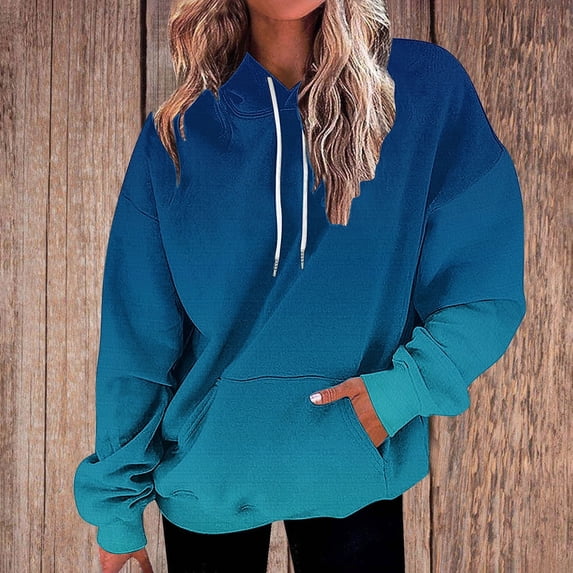 Ounisa Womens Pullover Fashionable Leisure Loose Gradient Sweatshirt Drawstring The Season Hoodie Long Sleeve Tops with Pocket
