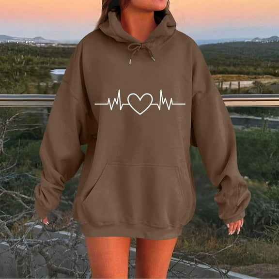 Ounisa Womens Pullover Fashionable Leisure Loose Heart Printed Sweatshirt Drawstring The Season Hoodie Long Sleeve Tops with Pocket