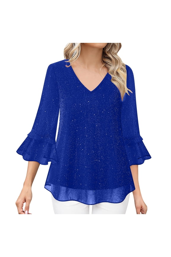 Womens Ruffle 3/4 Sleeve V Neck Double Layers Mesh Blouses Loose Fit Flowy Tunic Tops