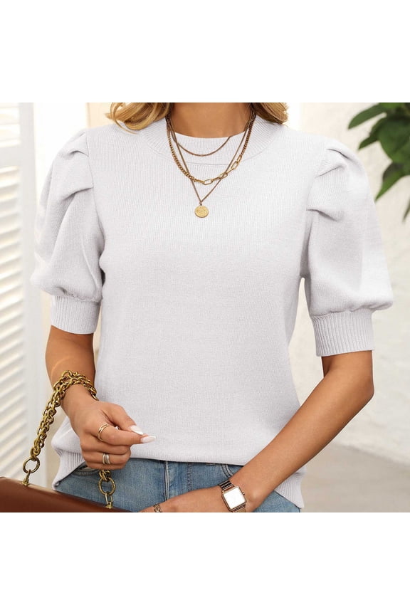 Womens Short Sleeve Sweaters Crew Neck Solid Color Bubble Sleeve Knitted 2026 Spring Summer Daily Casual Fashion Cute Comfortable Pullover Tops S-2XL