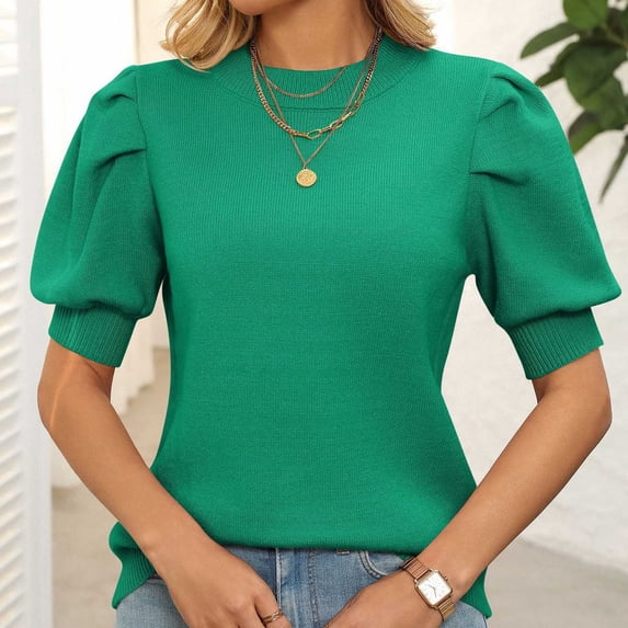 Ounisa Womens Short Sleeve Sweaters Crew Neck Solid Color Bubble Sleeve Knitted 2026 Spring Summer Daily Casual Fashion Cute Comfortable Pullover Tops S-2XL