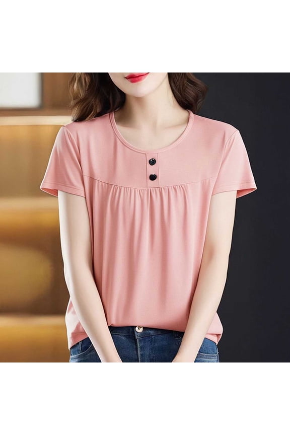 Womens Short Sleeve T Shirt Crew Neck Button Down Ruched Solid Color Pullover Casual Fashion Trendy Tops M-5XL