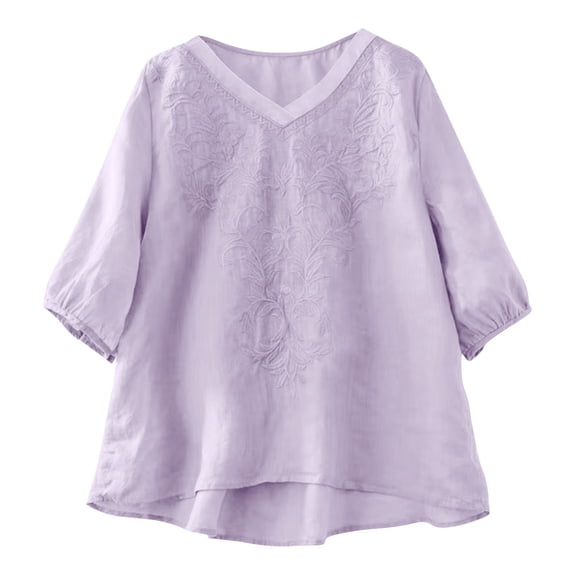 Ounisa Womens Short Sleeve T Shirts V Neck Cotton Linen Embroidery Retro Loose Fit Floral Stitch Versatile Spring Summer Tops M-4XL
