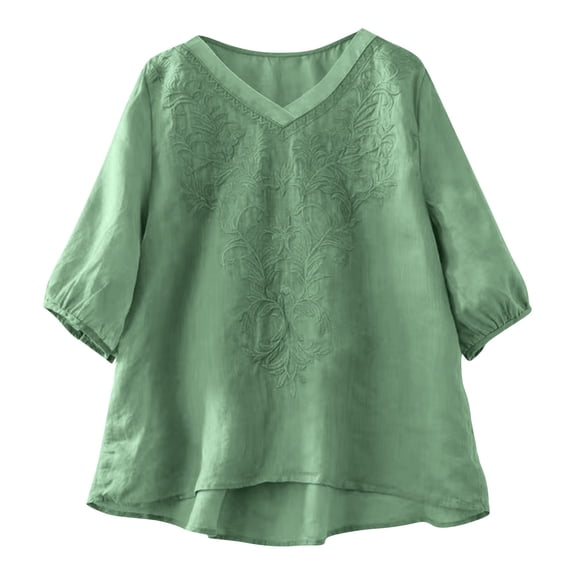 Ounisa Womens Short Sleeve T Shirts V Neck Cotton Linen Embroidery Retro Loose Fit Floral Stitch Versatile Spring Summer Tops M-4XL