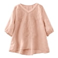 thumbnail image 1 of Ounisa Womens Short Sleeve T Shirts V Neck Cotton Linen Embroidery Retro Loose Fit Floral Stitch Versatile Spring Summer Tops M-4XL, 1 of 5