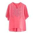 thumbnail image 1 of Ounisa Womens Short Sleeve T Shirts V Neck Cotton Linen Embroidery Retro Loose Fit Floral Stitch Versatile Spring Summer Tops M-4XL, 1 of 1