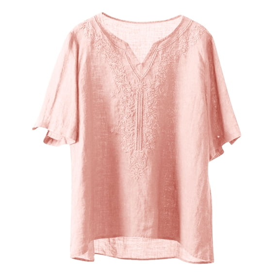 Ounisa Womens Short Sleeve T Shirts V Neck Cotton Linen Embroidery Retro Loose Fit Floral Stitch Versatile Spring Summer Tops M-4XL