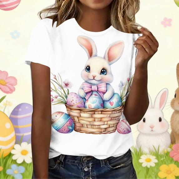 Ounisa Womens Short Sleeve Tees Crew Neck Easter Bunny Printed Color Block Basic Cotton 2026 Spring Summer Holiday Casual Fashion Comfortable Layering Tops S-2XL