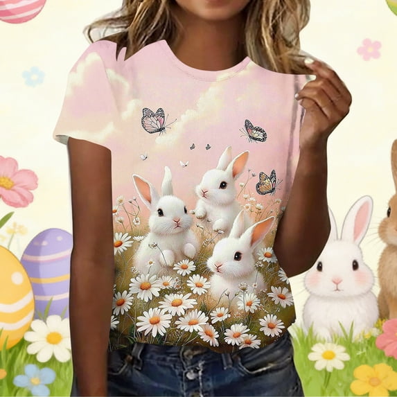 Ounisa Womens Short Sleeve Tees Crew Neck Easter Bunny Printed Color Block Basic Cotton 2026 Spring Summer Holiday Casual Fashion Comfortable Layering Tops S-2XL