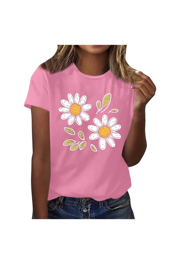 Womens Short Sleeve Tees Crew Neck Floral Printed Soft Fabric 2026 Spring Summer Daily Casual Fashion Trendy Comfortable Versatile Tops S-2XL