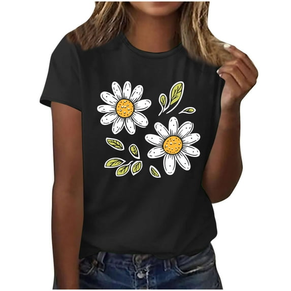 Ounisa Womens Short Sleeve Tees Crew Neck Floral Printed Soft Fabric 2026 Spring Summer Daily Casual Fashion Trendy Comfortable Versatile Tops S-2XL
