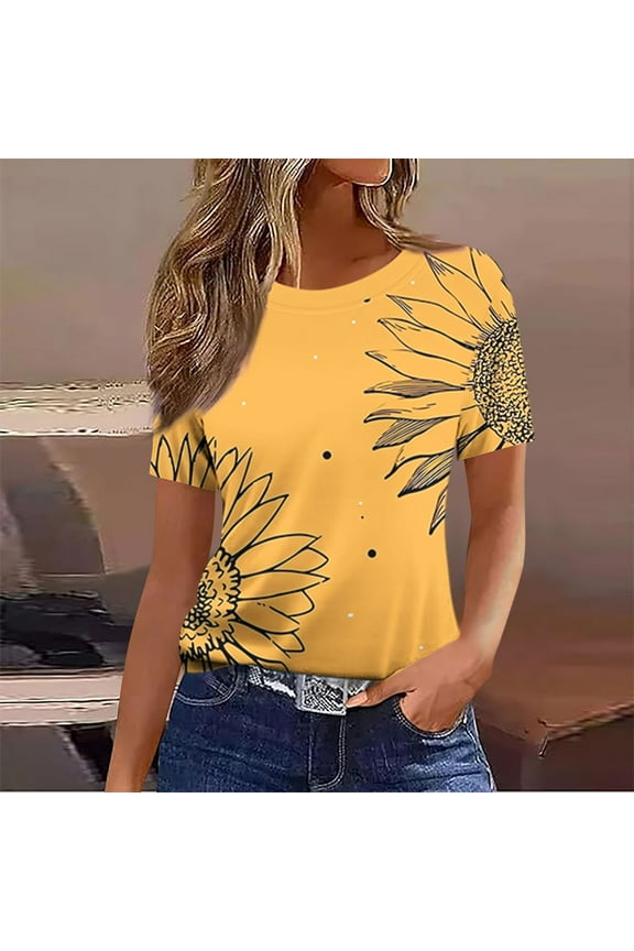 Womens Short Sleeve Tees Crew Neck Random Printed Loose Fit Cotton Blend 2026 Spring Summer Daily Casual Fashion Trendy Comfortable Tops S-2XL