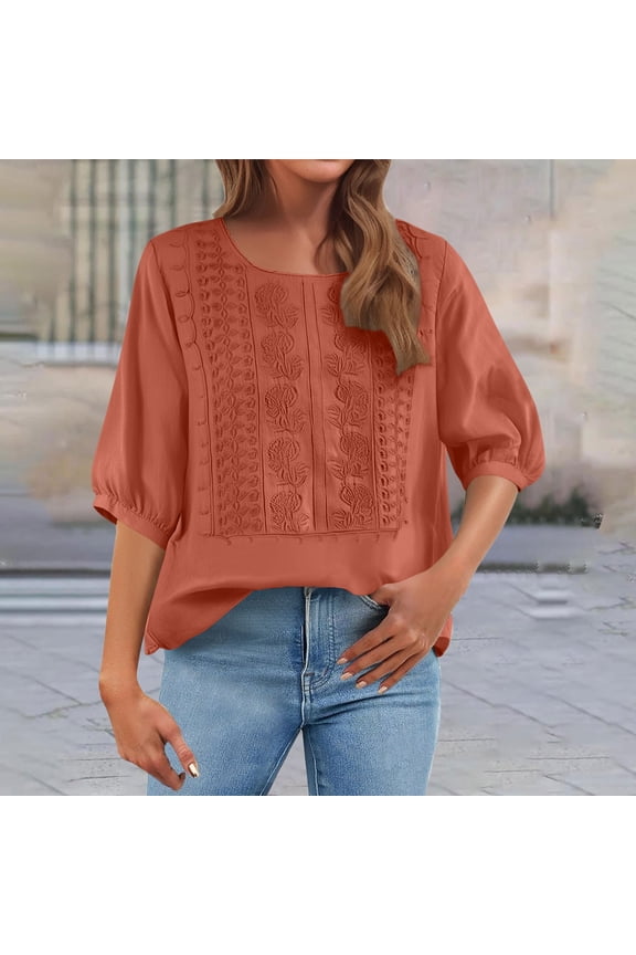 Womens Short Sleeve Tees Crew Neck Retro Embroidered Loose Fit Slub Linen 2026 Spring Summer Daily Casual Fashion Breathable Comfortable Blouse Tops S-2XL
