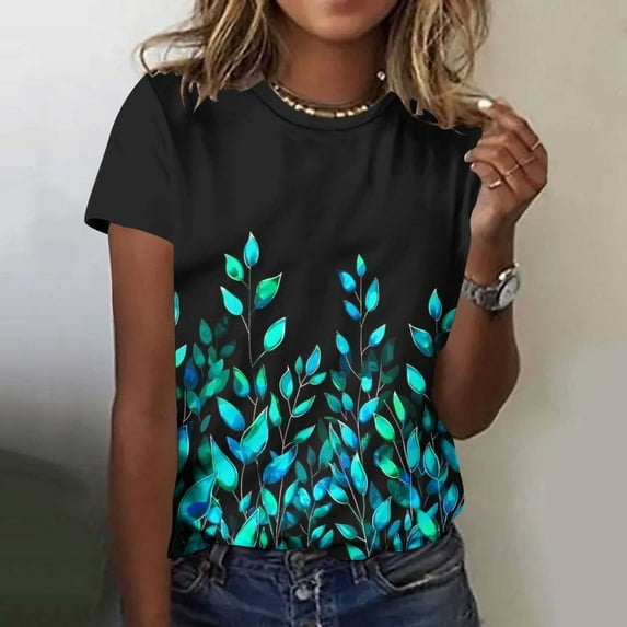 Ounisa Womens Short Sleeve Tees Crew Neck Retro Floral Printed Soft Fabric 2026 Spring Summer Daily Casual Fashion Trendy Comfortable Blouse Tops S-2XL
