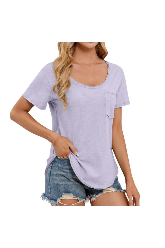 Womens Short Sleeve Tees Crew Neck Solid Color With Pocket Soft Fabric 2026 Spring Summer Daily Casual Fashion Versatile Comfortable Basic Tops S-2XL