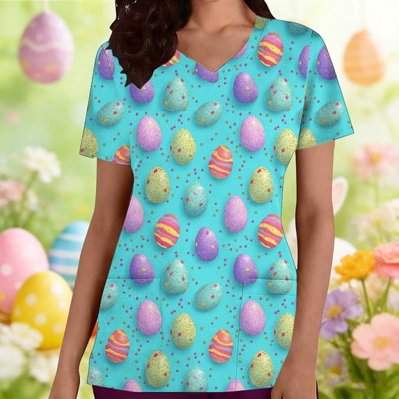 Ounisa Womens Short Sleeve Tees V Neck Easter Bunny Printed Retro Pattern Pocket Loose Fit Cotton 2026 Spring Summer Daily Casual Fashion Comfortable Tops S-2XL