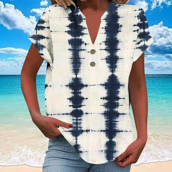 Ounisa Womens Short Sleeve Tees V Neck Random Printed Faux Cotton Linen Button Home Wear 2026 Spring Summer Daily Casual Fashion Comfortable Basic Tops S-2XL