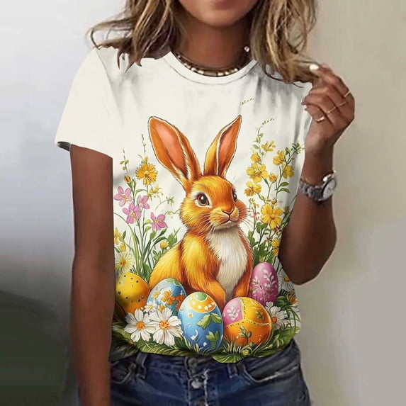 Ounisa Womens Short Sleeve Tops Crew Neck Easter Bunny Printed Cotton Blend Loose Fit 2026 Spring Summer Holiday Casual Comfortable Trendy Plus Size Tees S-2XL