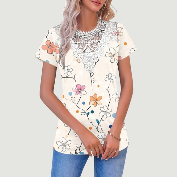 Ounisa Womens Short Sleeve Tops V Neck Solid Color Mesh Panel Pullover Casual Loose Fit Spring Summer Daily Wear Blouses S-3XL