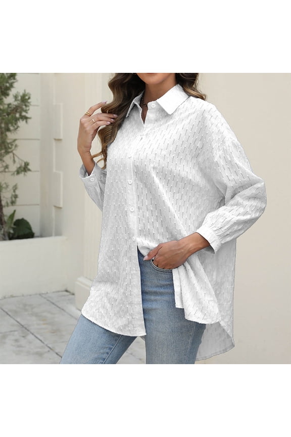 Womens Solid Color Long Sleeve Button Down Shirts Oversized Collared Drop Shoulder Turndown Collar Button Long Top