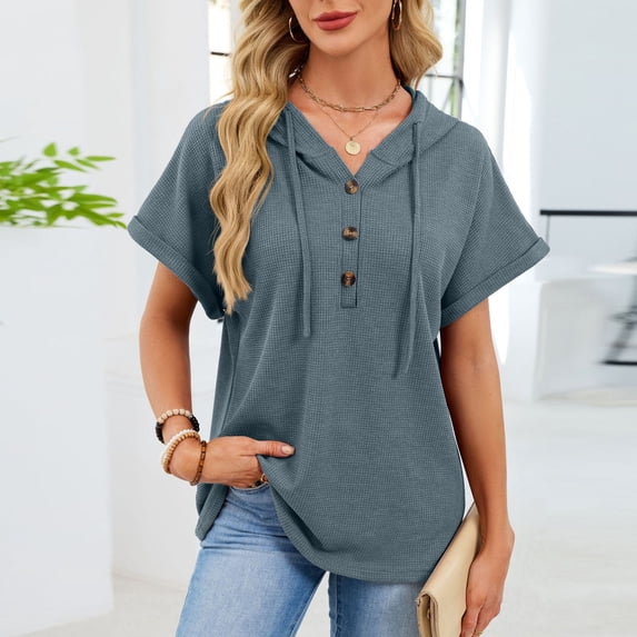 Ounisa Womens Summer Tops Waffle Knit Short Sleeve Lightweight Drawstring Hoodies Button V Neck Casual Blouses Shirts