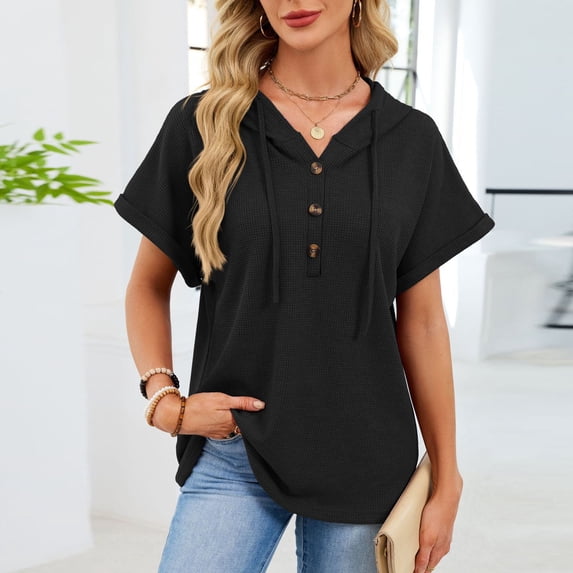 Ounisa Womens Summer Tops Waffle Knit Short Sleeve Lightweight Drawstring Hoodies Button V Neck Casual Blouses Shirts