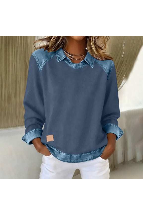 Womens Sweatshirts Tops Patchwork Denim Pullovers Long Sleeve Splicing Tshirts Blouses Fall Shirt