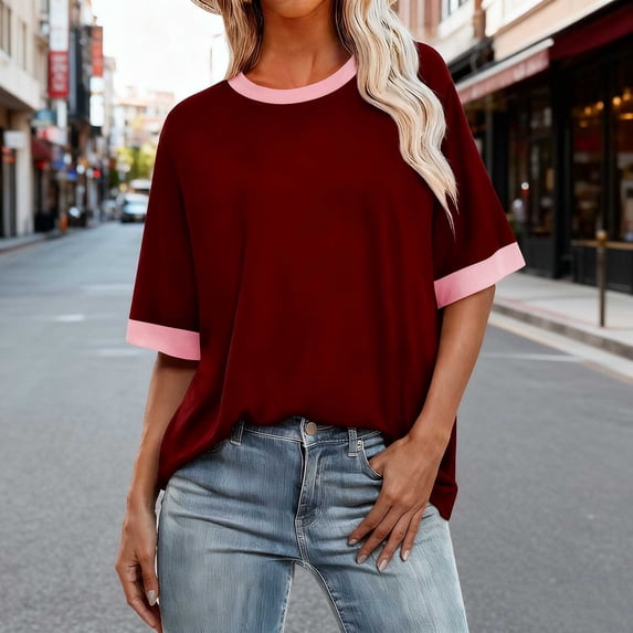 Ounisa Womens T Shirts Loose Fit Short Sleeve Tees Crew Neck Color Block Summer Tops 2025 Fashion