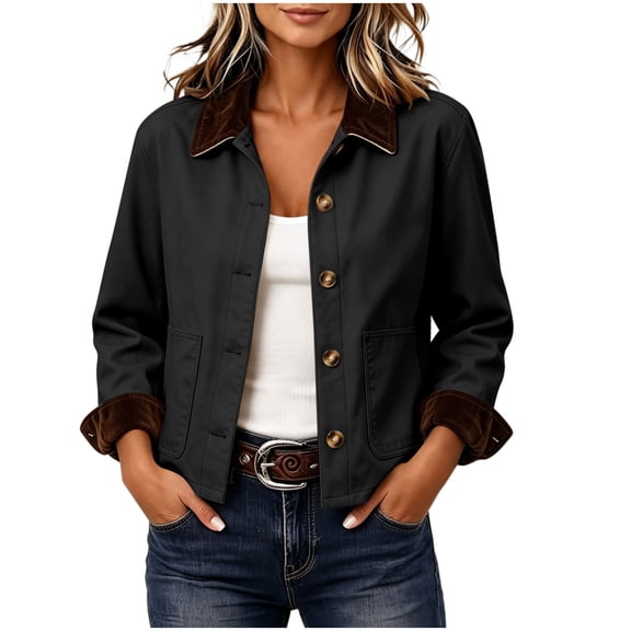 Ounisa Womens Tone Vintage Workwear Shirt Style Jacket Long Sleeve Button Front Contrast Corduroy Collar Patch Pockets Fall Winter Layering Coat
