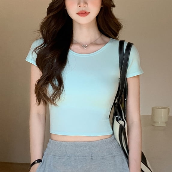Ounisa Womens Tops 2026 Short Sleeve Shirts Summer Casual Tops Crew Neck Basic Layer Ribbed Slim Fitted Short Tee