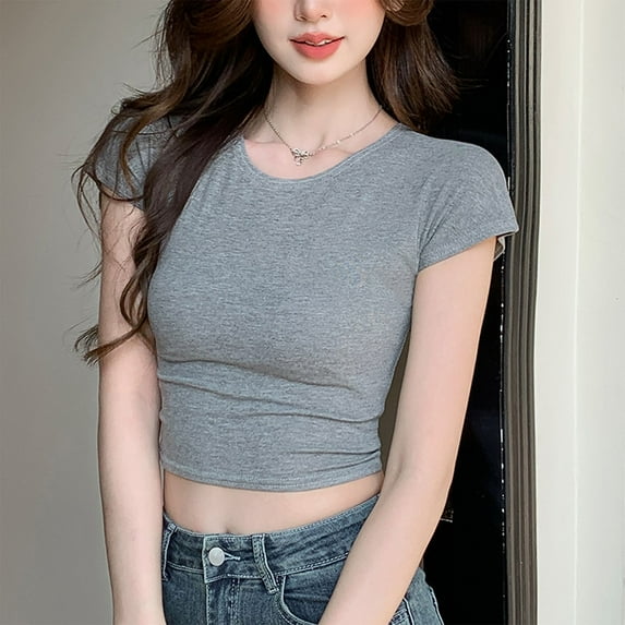 Ounisa Womens Tops 2026 Short Sleeve Shirts Summer Casual Tops Crew Neck Basic Layer Ribbed Slim Fitted Short Tee