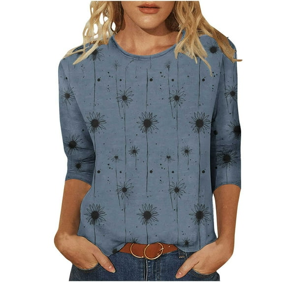 Ounisa Womens Tops 3/4 Sleeve Shirts Trendy Floral Blouses Casual Loose Fit Summer Tee Crewneck Tunic Tops