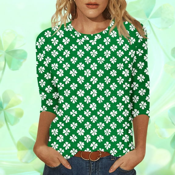 Ounisa Womens Tops 3/4 Sleeve St. Patrick's Day T-Shirts Crew Neck Spring Graphic Tee Clothes