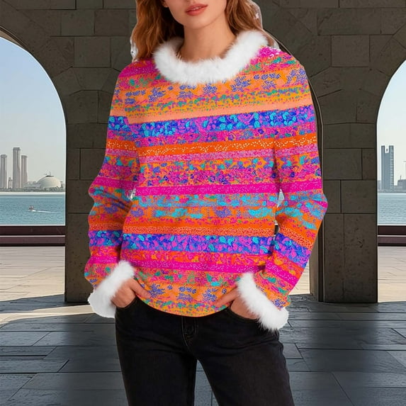 Ounisa Womens Tops Autumn Winter Pullover Sweater Loose Casual Long Sleeved Round Neck Color Stripe Pattern Shacket Blouse