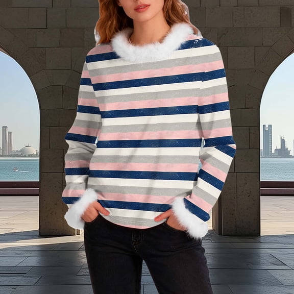 Ounisa Womens Tops Autumn Winter Pullover Sweater Loose Casual Long Sleeved Round Neck Color Stripe Pattern Shacket Blouse