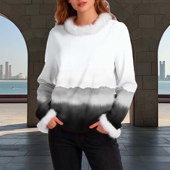 Ounisa Womens Tops Autumn Winter Pullover Sweater Loose Casual Long Sleeved Round Neck Gradient Pattern Shacket Blouse