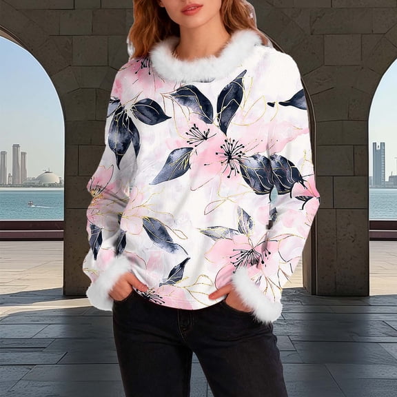 Ounisa Womens Tops Autumn Winter Pullover Sweater Loose Casual Long Sleeved Round Neck Leaf Pattern Shacket Blouse