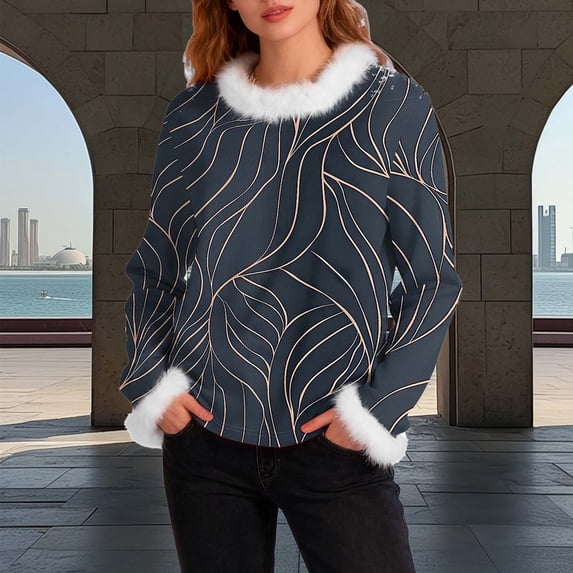 Ounisa Womens Tops Autumn Winter Pullover Sweater Loose Casual Long Sleeved Round Neck Stripe Pattern Shacket Blouse