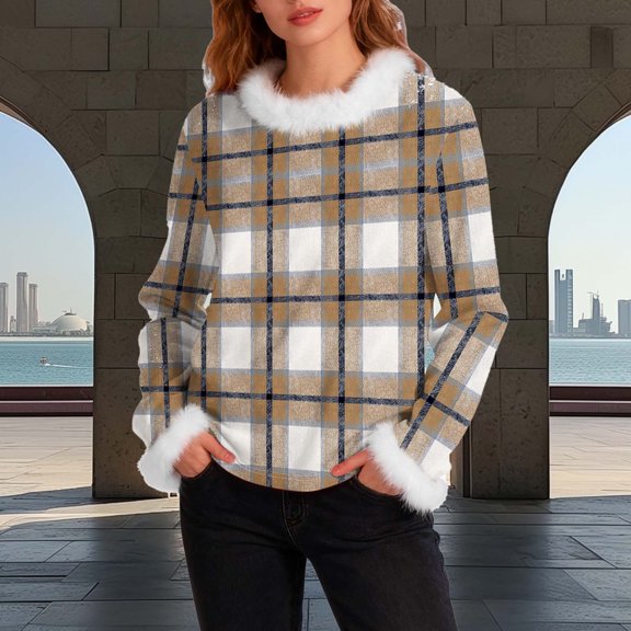 Ounisa Womens Tops Autumn Winter Pullover Sweater Loose Casual Long Sleeved Round Neck Stripe Plaid Shacket Blouse