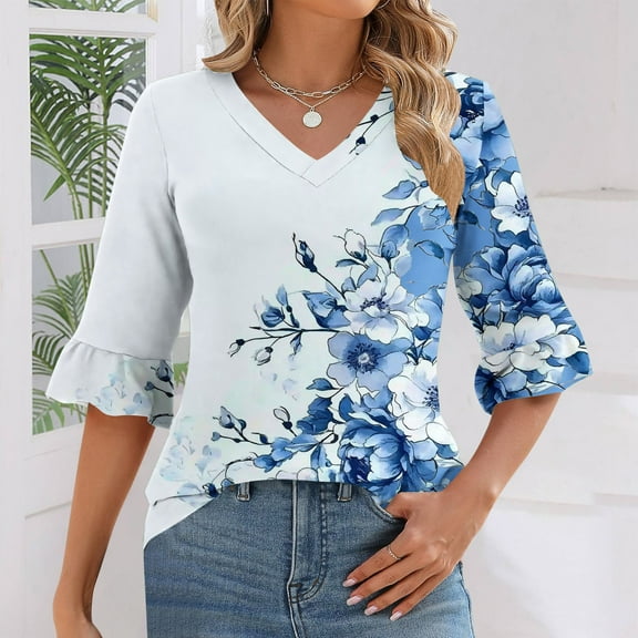 Ounisa Womens Tops Casual V Neck Shirts Floral Solid Blouse Ruffle Tunics 3/4 Sleeve Tshirt