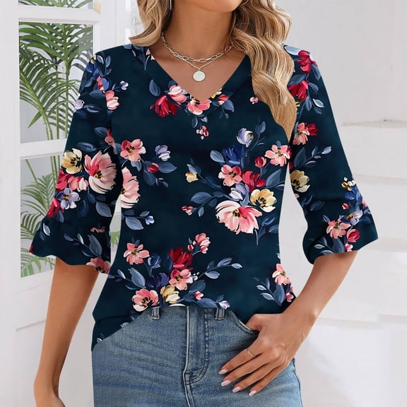 Ounisa Womens Tops Casual V Neck Shirts Floral Solid Blouse Ruffle Tunics 3/4 Sleeve Tshirt