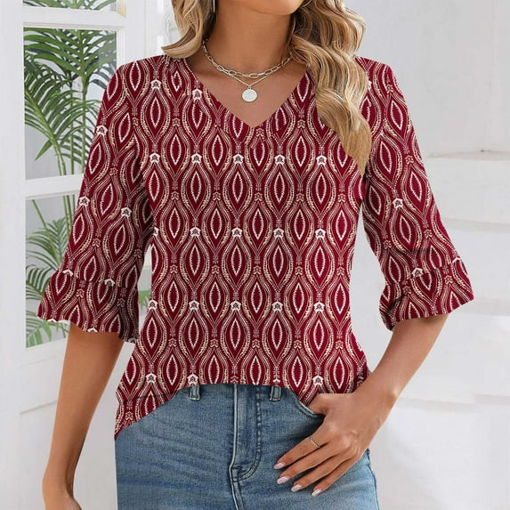 Ounisa Womens Tops Casual V Neck Shirts Floral Solid Blouse Ruffle Tunics 3/4 Sleeve Tshirt