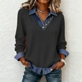 thumbnail image 1 of Ounisa Womens Tops Denim Patchwork Sweatshirts, Long Sleeve Denim Lapel V Neck Buttons Closure Pullover Tops,Casual Waffle Knit Shirts, 1 of 7