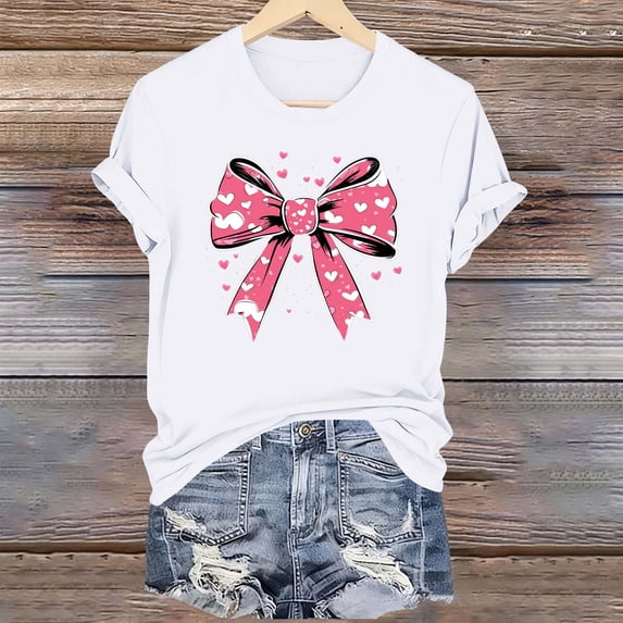 Ounisa Womens Tops Love Heart Letters Bow Shirts Short Sleeves Valentines Crewneck Colorful Heart Graphic Tees Pullover