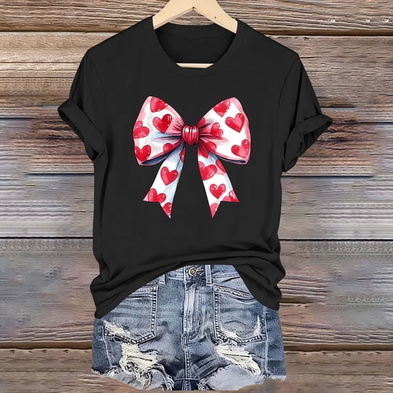 Ounisa Womens Tops Love Heart Letters Bow Shirts Short Sleeves Valentines Crewneck Colorful Heart Graphic Tees Pullover