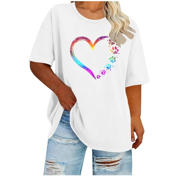 Ounisa Womens Tops Love Heart Shirts Short Sleeves Valentines Crewneck Colorful Heart Graphic Tees Pullover