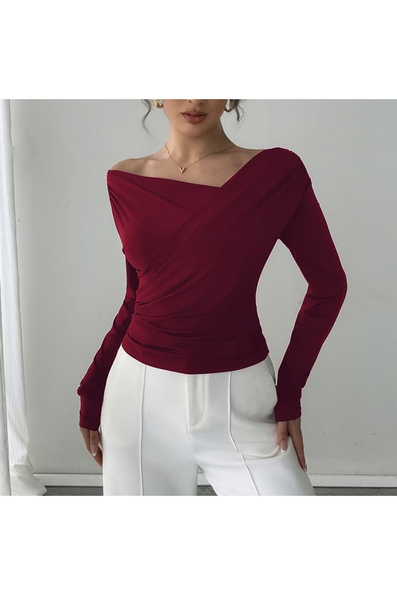 Womens Tops One off Shoulder Long Sleeve Tops Ruched Going Out Crop Shirts Slim Fit Y2K Tee Blouse