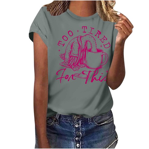 Ounisa Womens Tops Too Tired Letter Graphic Funny Cute Short Sleeve Crewneck Casual Loose T Shirts