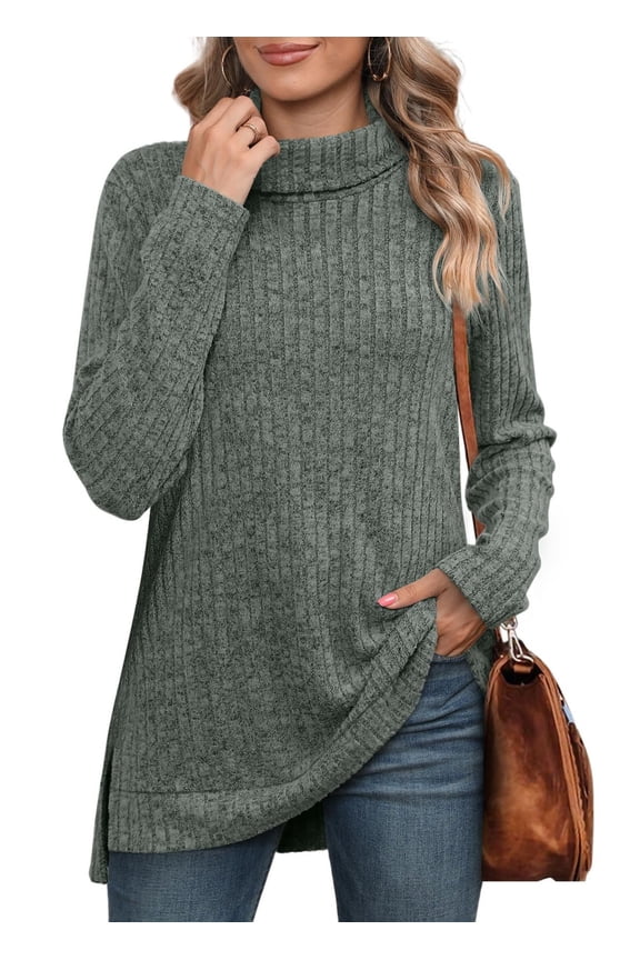 Womens Tunic Tops Turtleneck Long Sleeve Shirts Oversized Fall Sweaters Side Split High Low Hemline